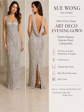 Sue Wong Nocturne Art Deco Beaded Sequin Draped-Back Evening Gown Silver Taupe 8